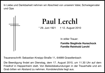 Traueranzeige von Paul Lerchl von Starkenburger Echo