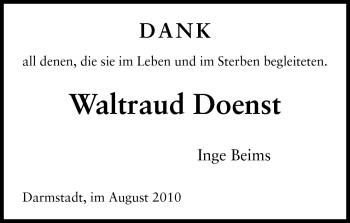 Traueranzeige von Waltraud Doenst von Darmstädter Echo, Odenwälder Echo, Rüsselsheimer Echo, Groß-Gerauer-Echo, Ried Echo