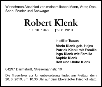 Traueranzeige von Maria Klenk von Echo-Zeitungen (Gesamtausgabe)