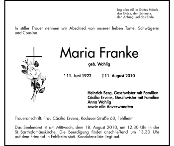 Traueranzeige von Maria Franke von Odenwälder Echo