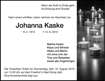 Traueranzeige von Johanna Kaske von Odenwälder Echo