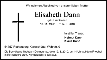 Traueranzeige von Elisabeth Dann von Odenwälder Echo