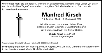 Traueranzeige von Manfred Kirsch von Echo-Zeitungen (Gesamtausgabe)