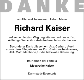 Traueranzeige von Richard Kaiser von Darmstädter Echo, Odenwälder Echo, Rüsselsheimer Echo, Groß-Gerauer-Echo, Ried Echo