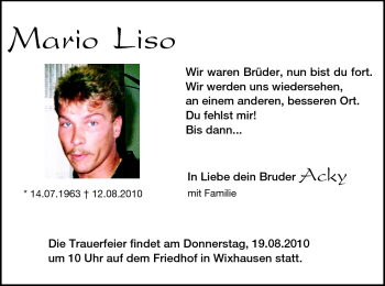 Traueranzeige von Mario Lizo von Darmstädter Echo, Odenwälder Echo, Rüsselsheimer Echo, Groß-Gerauer-Echo, Ried Echo