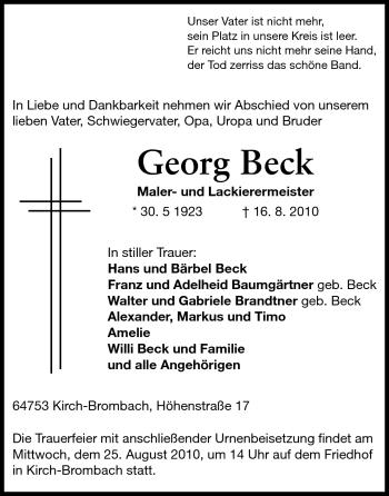 Traueranzeige von Georg Beck von Odenwälder Echo