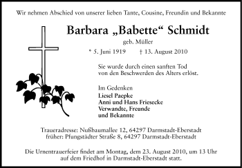 Traueranzeige von Barbara Schmidt von Echo-Zeitungen (Gesamtausgabe)