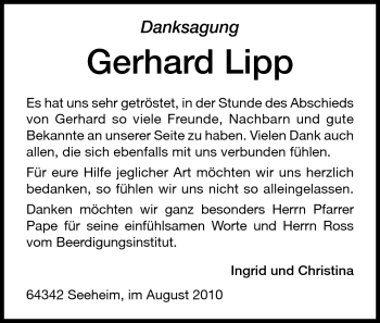 Traueranzeige von Gerhard Lipp von Echo-Zeitungen (Gesamtausgabe)