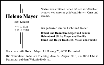 Traueranzeige von Helene Mayer von Darmstädter Echo, Odenwälder Echo, Rüsselsheimer Echo, Groß-Gerauer-Echo, Ried Echo