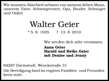 Traueranzeige von Walter Geier von Echo-Zeitungen (Gesamtausgabe)
