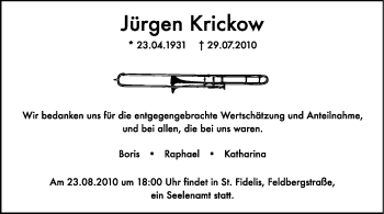 Traueranzeige von Jürgen Krickow von Echo-Zeitungen (Gesamtausgabe)