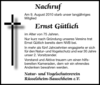 Traueranzeige von Ernst Gütlich von Rüsselsheimer Echo, Groß-Gerauer-Echo, Ried Echo