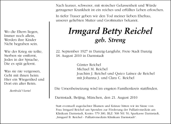 Traueranzeige von Irmgard Reichel von Echo-Zeitungen (Gesamtausgabe)