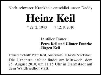 Traueranzeige von Heinz Keil von Darmstädter Echo, Odenwälder Echo, Rüsselsheimer Echo, Groß-Gerauer-Echo, Ried Echo