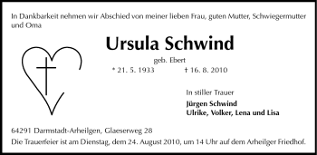 Traueranzeige von Ursula Schwind von Echo-Zeitungen (Gesamtausgabe)