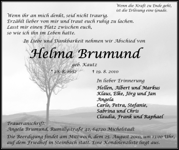 Traueranzeige von Helma Brumund von Odenwälder Echo