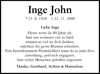 Traueranzeige von Inge John von Odenwälder Echo