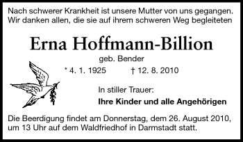 Traueranzeige von Erna Hoffmann-Billion von Darmstädter Echo, Odenwälder Echo, Rüsselsheimer Echo, Groß-Gerauer-Echo, Ried Echo