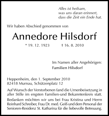 Traueranzeige von Annedore Hilsdorf von Starkenburger Echo