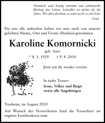 Traueranzeige von Karoline Komornicki von Rüsselsheimer Echo, Groß-Gerauer-Echo, Ried Echo