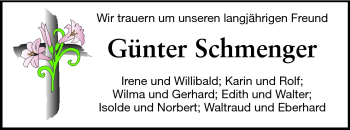 Traueranzeige von Günter Schmenger von Darmstädter Echo, Odenwälder Echo, Rüsselsheimer Echo, Groß-Gerauer-Echo, Ried Echo