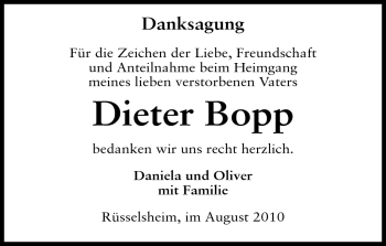Traueranzeige von Dieter Bopp von Rüsselsheimer Echo, Groß-Gerauer-Echo, Ried Echo