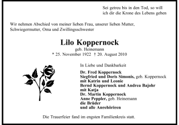 Traueranzeige von Lilo Koppernock von Echo-Zeitungen (Gesamtausgabe)