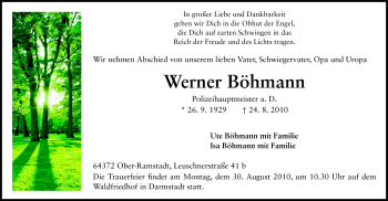 Traueranzeige von Werner Böhmann von Darmstädter Echo, Odenwälder Echo, Rüsselsheimer Echo, Groß-Gerauer-Echo, Ried Echo