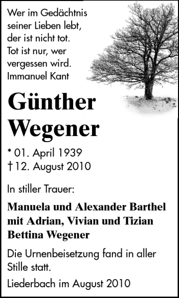 Traueranzeige von Günter Wegener von Darmstädter Echo, Odenwälder Echo, Rüsselsheimer Echo, Groß-Gerauer-Echo, Ried Echo