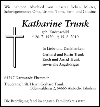 Traueranzeige von Katharine Trunk von Echo-Zeitungen (Gesamtausgabe)