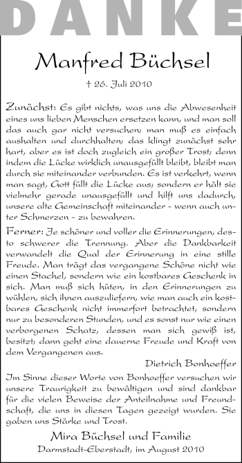 Traueranzeige von Manfred Büchsel von Echo-Zeitungen (Gesamtausgabe)