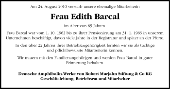 Traueranzeige von Edith Barcal von Darmstädter Echo, Odenwälder Echo, Rüsselsheimer Echo, Groß-Gerauer-Echo, Ried Echo