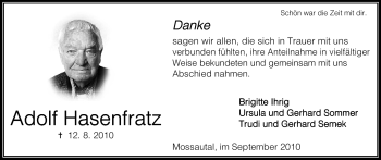 Traueranzeige von Adolf Hasenfratz von Odenwälder Echo