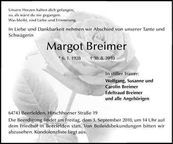 Traueranzeige von Margot Breimer von Odenwälder Echo