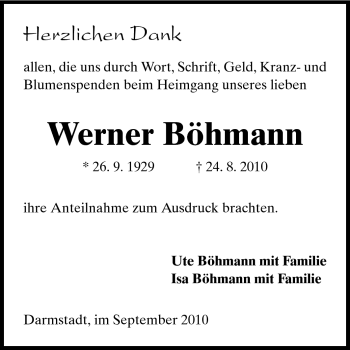 Traueranzeige von Werner Böhmann von Darmstädter Echo, Odenwälder Echo, Rüsselsheimer Echo, Groß-Gerauer-Echo, Ried Echo