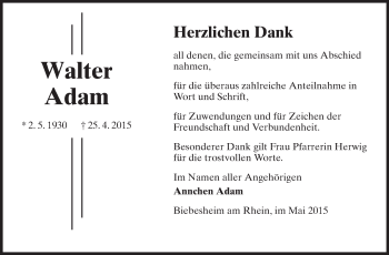 Traueranzeige von Walter Adam von Rüsselsheimer Echo, Groß-Gerauer-Echo, Ried Echo