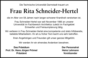 Traueranzeige von Rita Schneider-Hertel von Darmstädter Echo, Odenwälder Echo, Rüsselsheimer Echo, Groß-Gerauer-Echo, Ried Echo