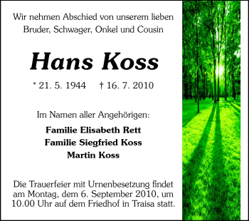 Traueranzeige von Hans Koss von Rüsselsheimer Echo, Groß-Gerauer-Echo, Ried Echo