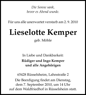 Traueranzeige von Lieselotte Kemper von Rüsselsheimer Echo, Groß-Gerauer-Echo, Ried Echo
