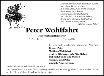 Traueranzeige von Peter Wohlfahrt von Darmstädter Echo, Odenwälder Echo, Rüsselsheimer Echo, Groß-Gerauer-Echo, Ried Echo