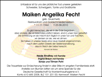 Traueranzeige von Maiken Angelika Fecht von Echo-Zeitungen (Gesamtausgabe)