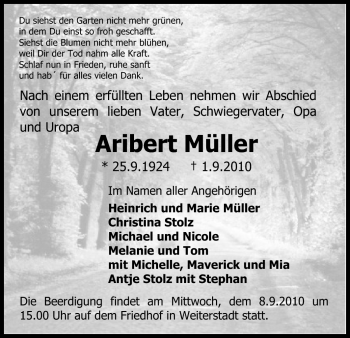 Traueranzeige von Aribert Müller von Echo-Zeitungen (Gesamtausgabe)