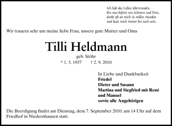 Traueranzeige von Tilli Heldmann von Echo-Zeitungen (Gesamtausgabe)