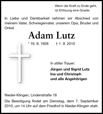 Traueranzeige von Adam Lutz von Echo-Zeitungen (Gesamtausgabe)