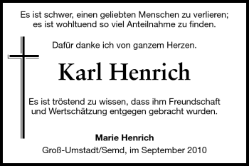 Traueranzeige von Karl Henrich von Echo-Zeitungen (Gesamtausgabe)