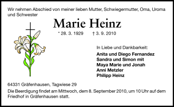 Traueranzeige von Marie Heinz von Darmstädter Echo, Odenwälder Echo, Rüsselsheimer Echo, Groß-Gerauer-Echo, Ried Echo