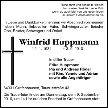 Traueranzeige von Winfrid Huppmann von Darmstädter Echo, Odenwälder Echo, Rüsselsheimer Echo, Groß-Gerauer-Echo, Ried Echo
