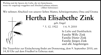 Traueranzeige von Hertha E. Zink von Darmstädter Echo, Odenwälder Echo, Rüsselsheimer Echo, Groß-Gerauer-Echo, Ried Echo