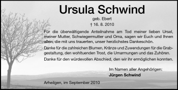 Traueranzeige von Ursula Schwind von Echo-Zeitungen (Gesamtausgabe)