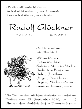 Traueranzeige von Rudolf Glöckner von Darmstädter Echo, Odenwälder Echo, Rüsselsheimer Echo, Groß-Gerauer-Echo, Ried Echo